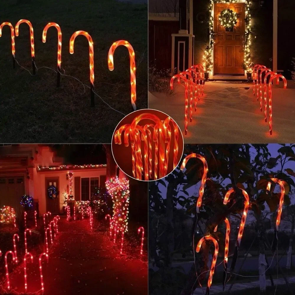Candy Cane Outdoor Lights 10 Pack Red LEDs Lighted Christmas Path Lights String